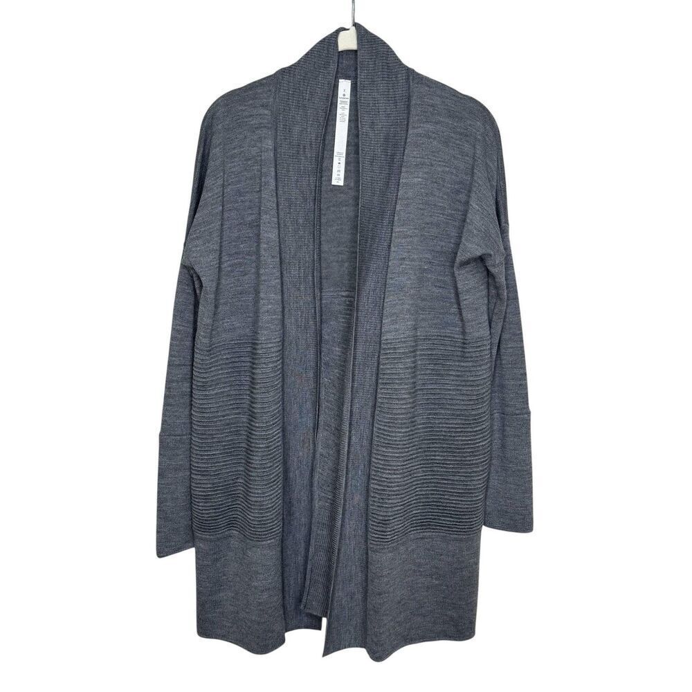 Lululemon Sit In Lotus Cardigan Sweater Womens 2 Gray Merino Wool Open Front